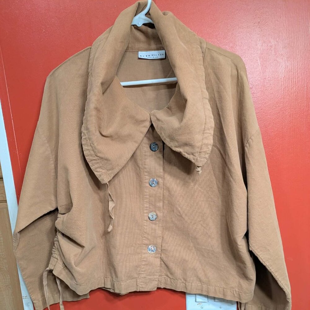Bryn Walker Oversized Ribbed Knit Jacket Tan Button Front Ruched Drawstring Hem - Picture 1 of 7